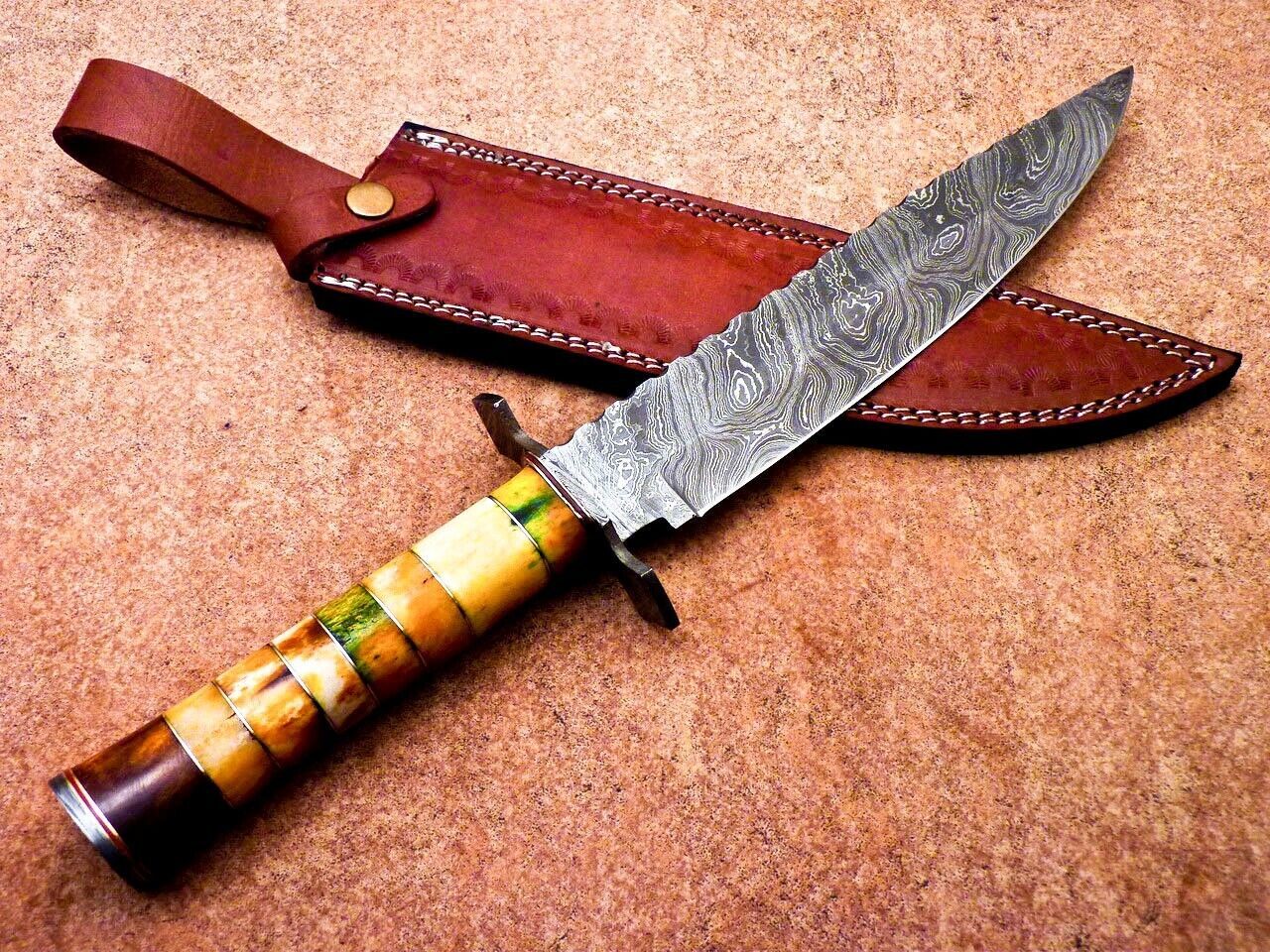 16" Damascus Steel Bowie Knife with Stained Camel Bone & Hardwood Handle – Full Tang Hunting Blade