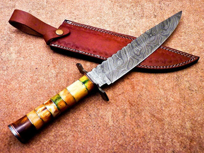 16" Damascus Steel Bowie Knife with Stained Camel Bone & Hardwood Handle – Full Tang Hunting Blade