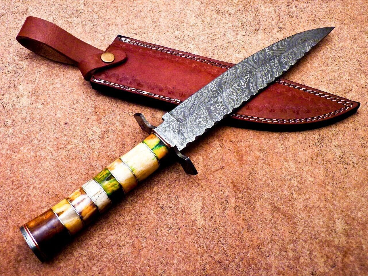 16" Damascus Steel Bowie Knife with Stained Camel Bone & Hardwood Handle – Full Tang Hunting Blade