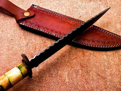 16" Damascus Steel Bowie Knife with Stained Camel Bone & Hardwood Handle – Full Tang Hunting Blade