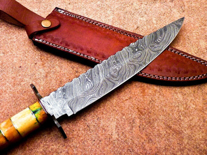 16" Damascus Steel Bowie Knife with Stained Camel Bone & Hardwood Handle – Full Tang Hunting Blade