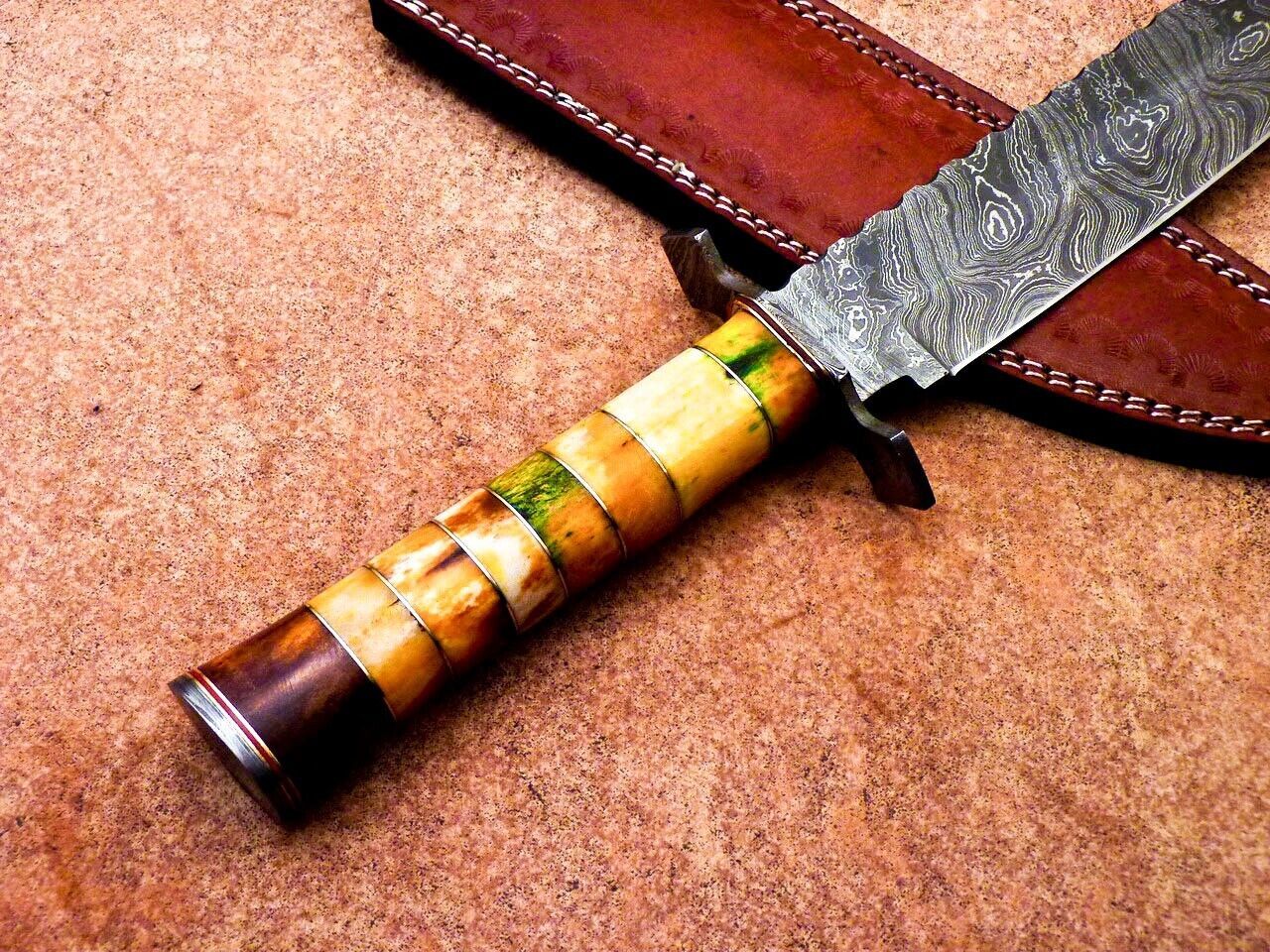 16" Damascus Steel Bowie Knife with Stained Camel Bone & Hardwood Handle – Full Tang Hunting Blade