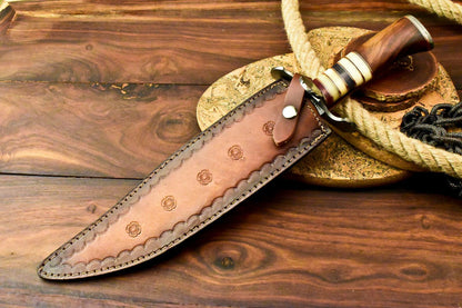 17" Damascus Bowie Knife | Bone and Walnut Wood Handle & Leather Sheath