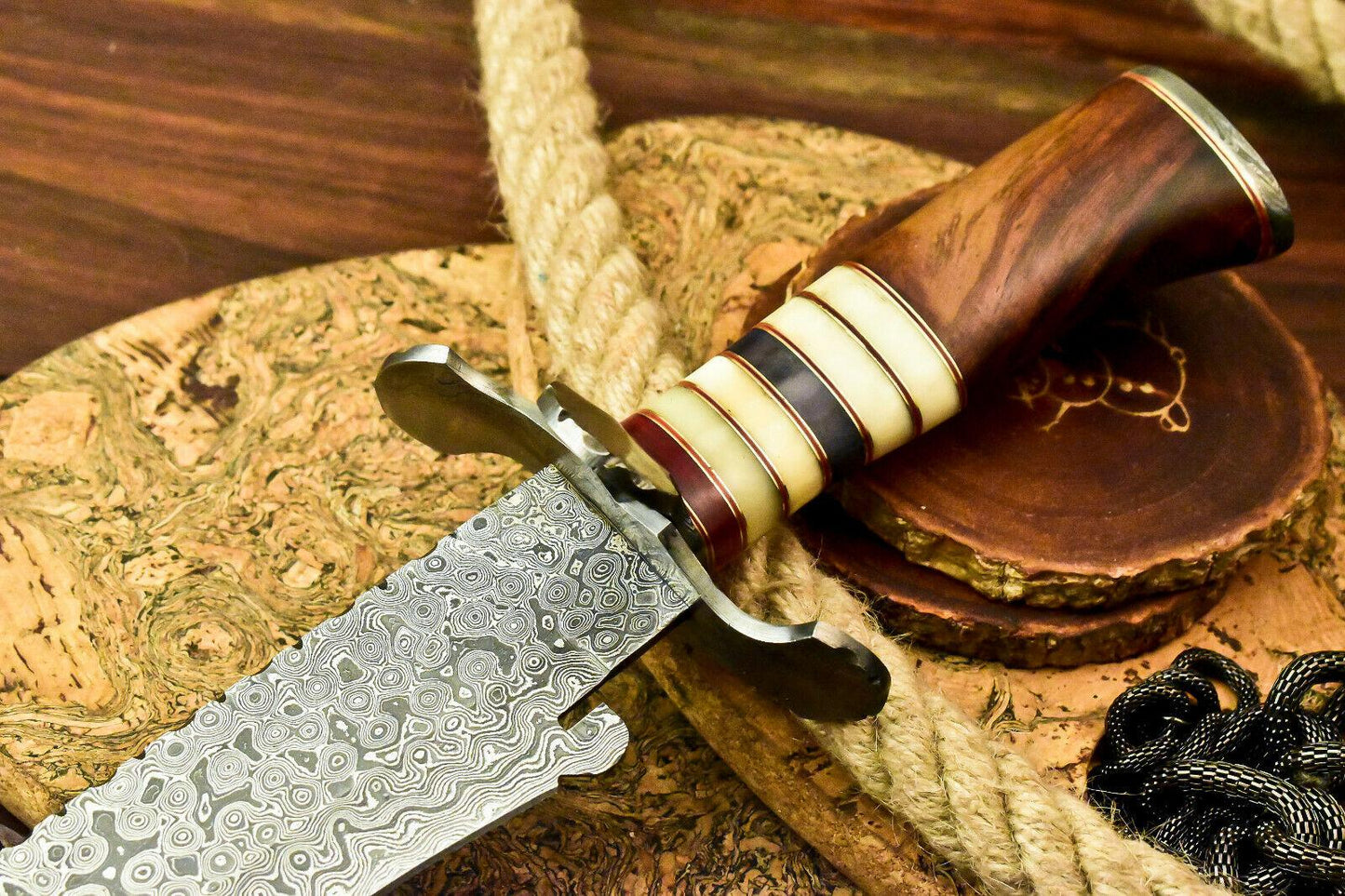 17" Damascus Bowie Knife | Bone and Walnut Wood Handle & Leather Sheath