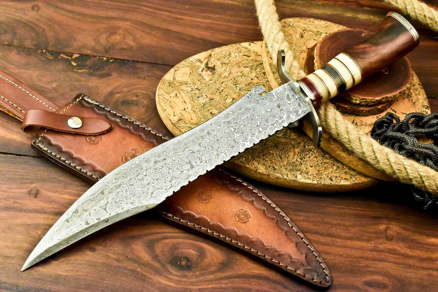 17" Damascus Bowie Knife | Bone and Walnut Wood Handle & Leather Sheath