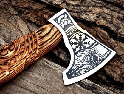 Custom Hand Forged Carbon Steel Viking Valhalla Throwing Axe with Engraved Wood Handle and Leather Sheath
