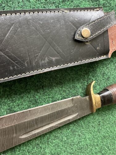 Heritage Forge Vintage 12 Inch Handmade Damascus Bowie Knife with Aged Wood Grip
