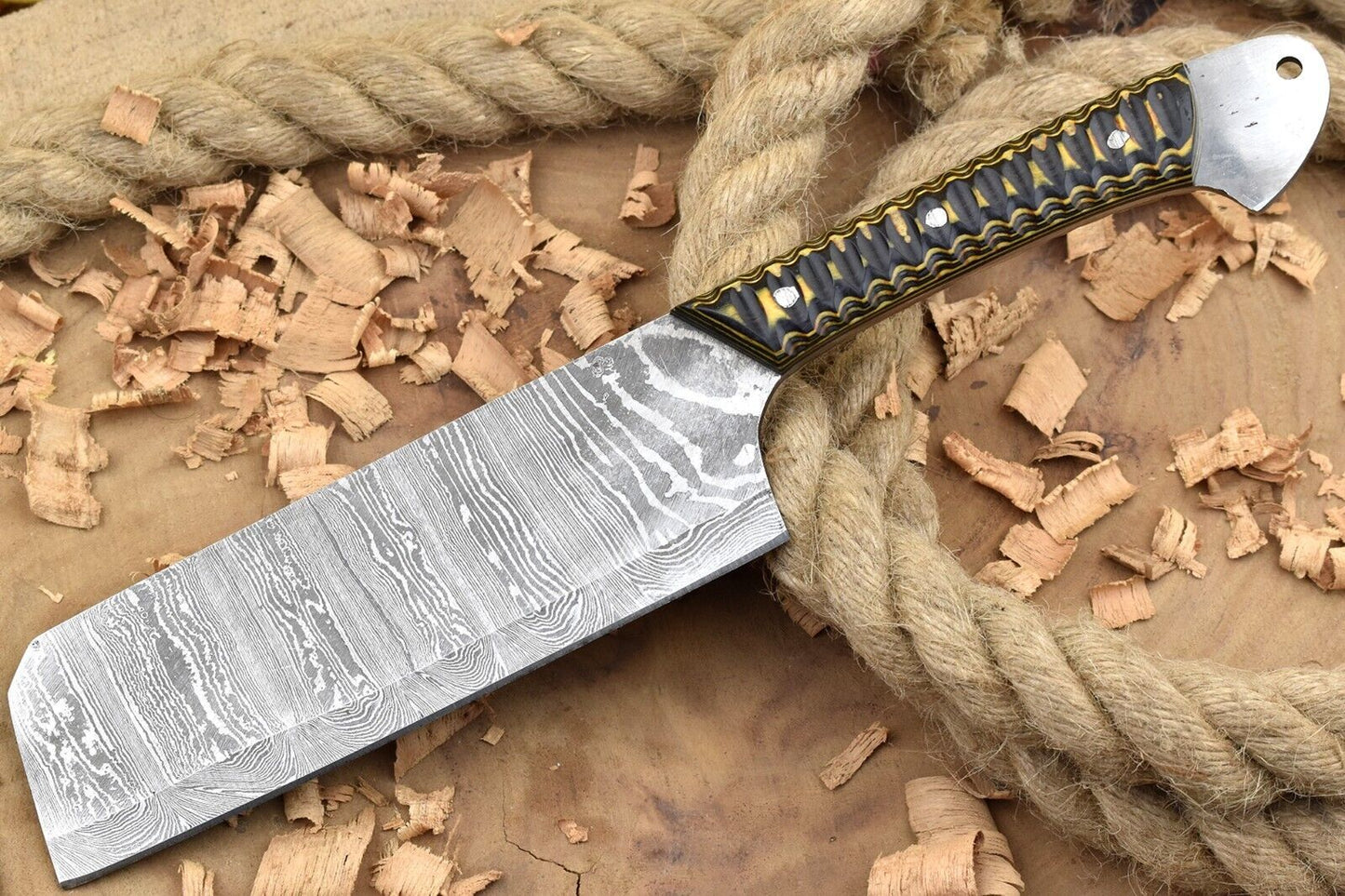 Custom Handmade Forged Damascus Steel Kitchen Chef Knife – Black & Yellow Dollar Handle
