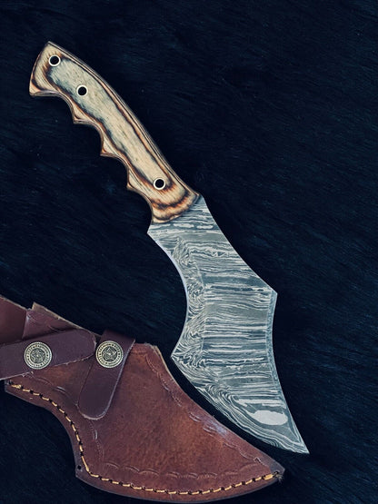 Heritage Forge 11 Inch Twist Damascus Kukri Knife with Camel Bone and Wood Handle
