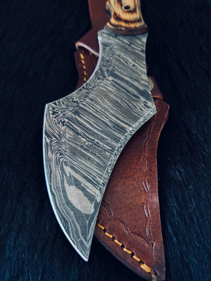 Heritage Forge 11 Inch Twist Damascus Kukri Knife with Camel Bone and Wood Handle