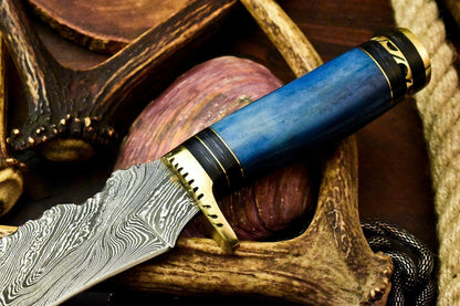 Handmade Damascus Steel Bowie Knife – Camel Bone Handle & Leather Sheath