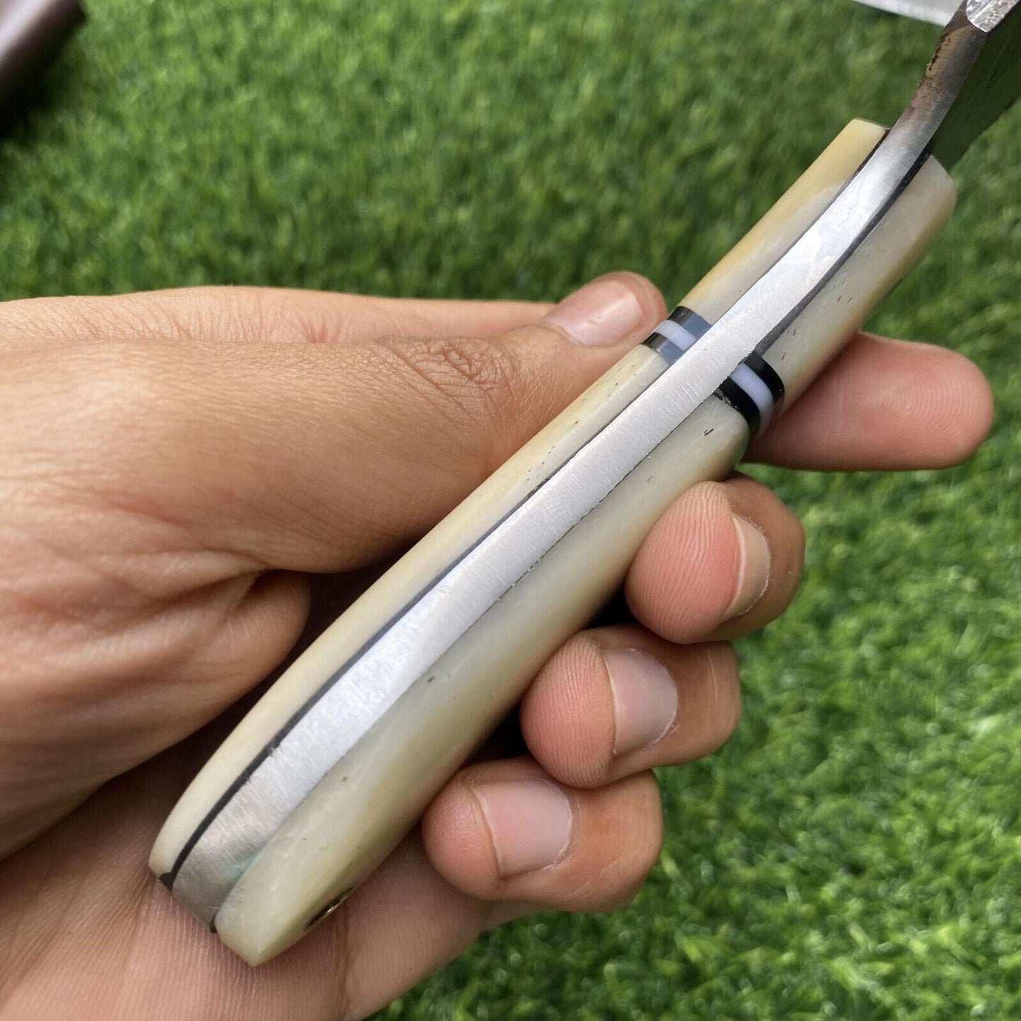 7.5" Damascus Bowie Knife with Camel Bone Handle