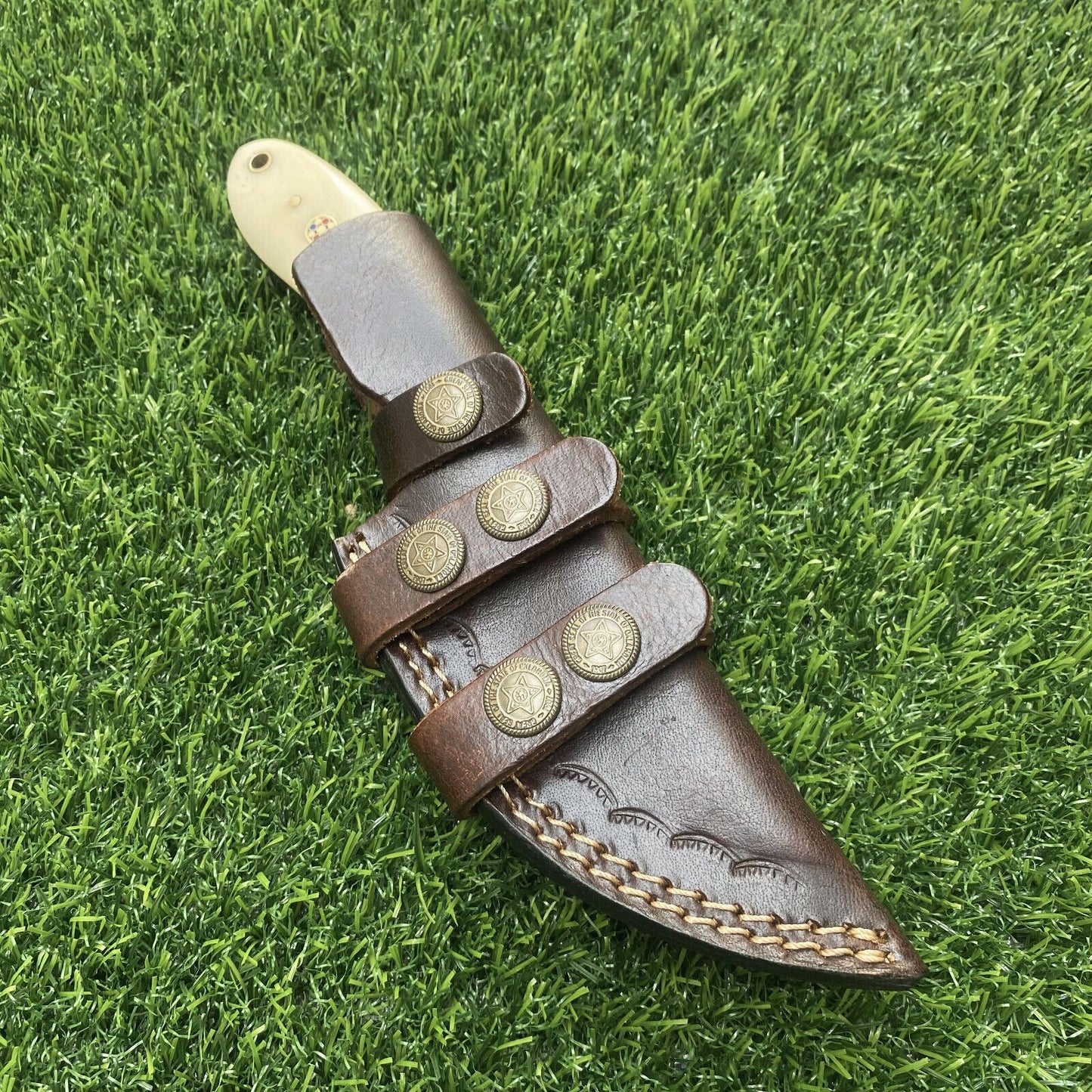 7.5" Damascus Bowie Knife with Camel Bone Handle