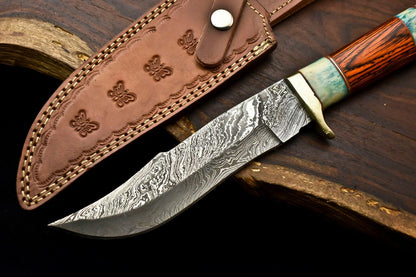 Handmade Damascus Steel Bowie Knife – 12" Camel Bone Hunting Knife with Leather Sheath