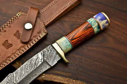 Handmade Damascus Steel Bowie Knife – 12" Camel Bone Hunting Knife with Leather Sheath