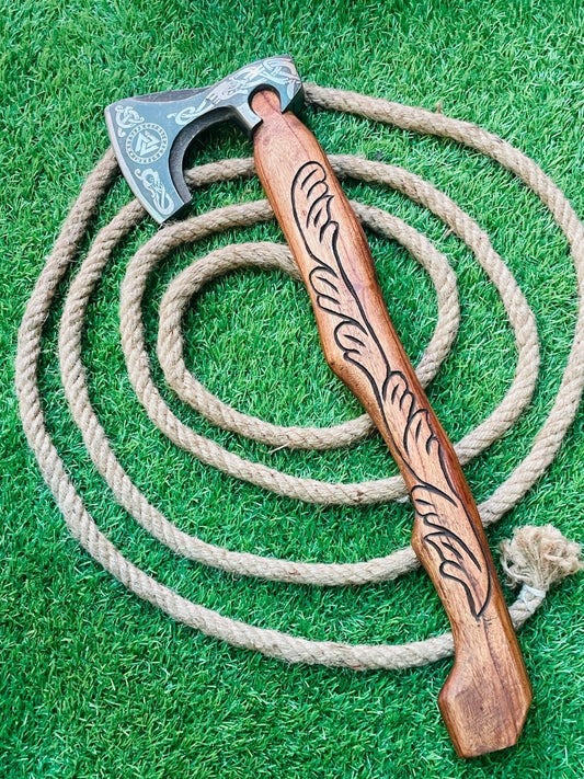 Handmade Carbon Steel Viking Bearded Integral Tomahawk Axe with Wooden Handle and Leather Sheath
