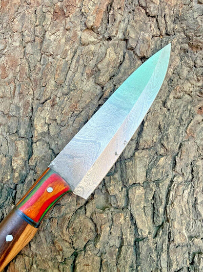 Custom Forged Damascus Steel Chef Knife – 12" Kitchen Cutlery with Wood Handle & Leather Sheath