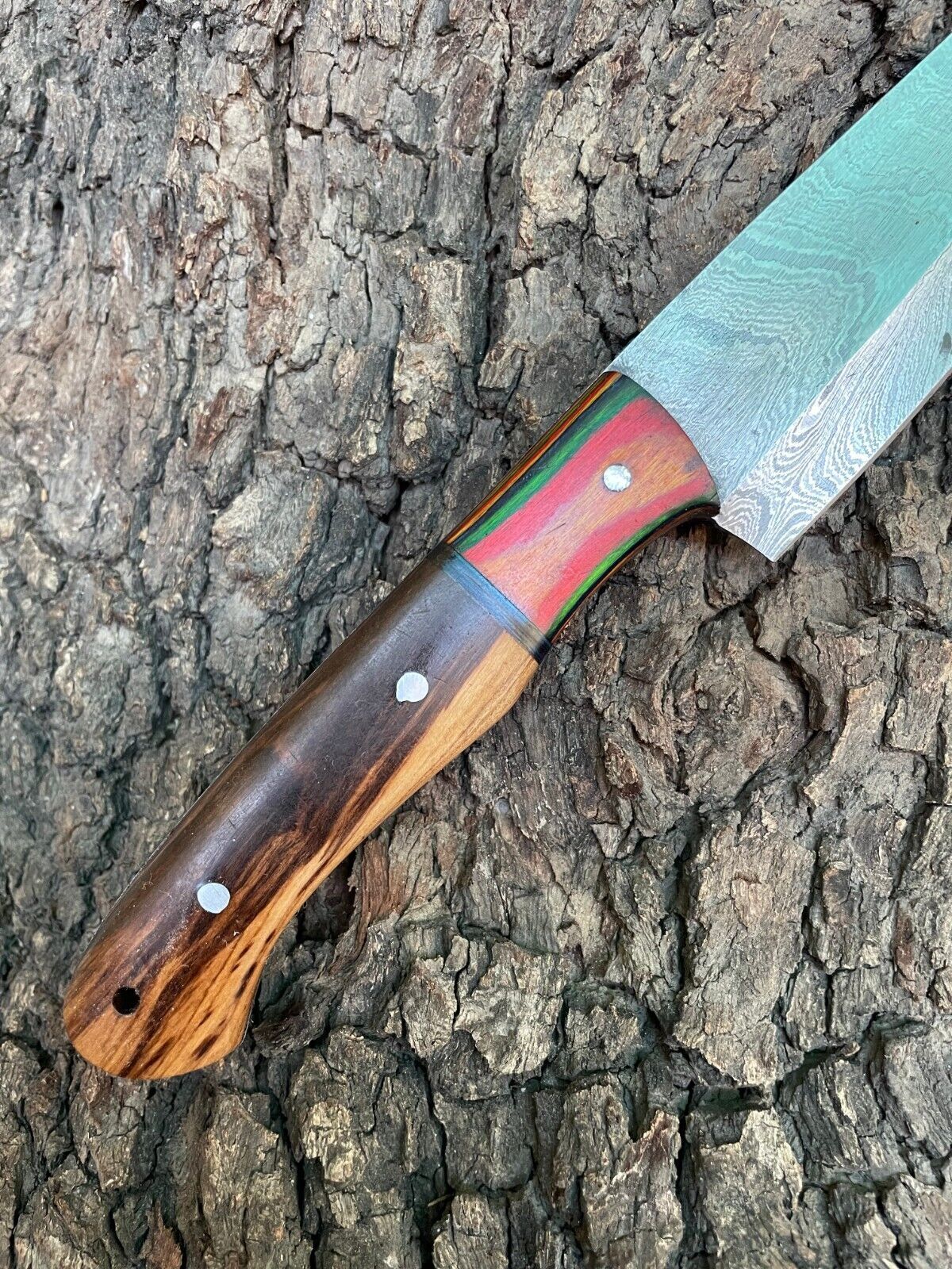Custom Forged Damascus Steel Chef Knife – 12" Kitchen Cutlery with Wood Handle & Leather Sheath