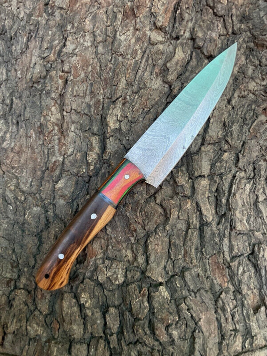 Custom Forged Damascus Steel Chef Knife – 12" Kitchen Cutlery with Wood Handle & Leather Sheath