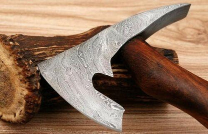 Handmade Damascus Walnut Wood Hunting Clever Chopper Axe Knife with Leather Sheath