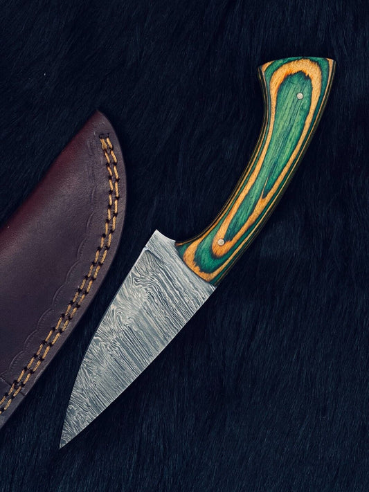 Heritage Forge 8.5 Inch Twist Damascus Skinner Knife with Camel Bone and Wood Handle