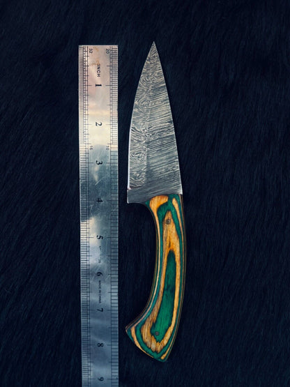 Heritage Forge 8.5 Inch Twist Damascus Skinner Knife with Camel Bone and Wood Handle