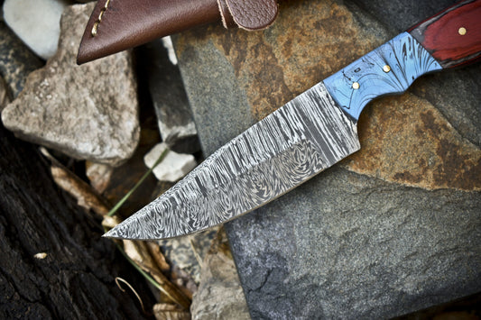 8.5" Forged Twist Damascus Skinner Knife with Hard Wood Handle & Micarta Bolster – Rare Gift Edition
