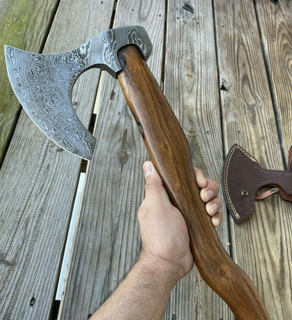 Hand Forged Damascus Steel Rosewood Handle Tomahawk Hatchet Axe with Leather Sheath