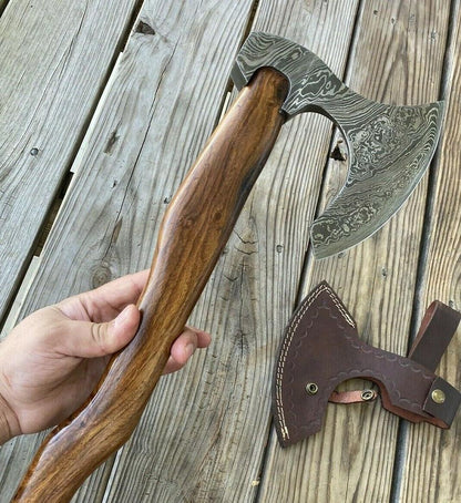 Hand Forged Damascus Steel Rosewood Handle Tomahawk Hatchet Axe with Leather Sheath