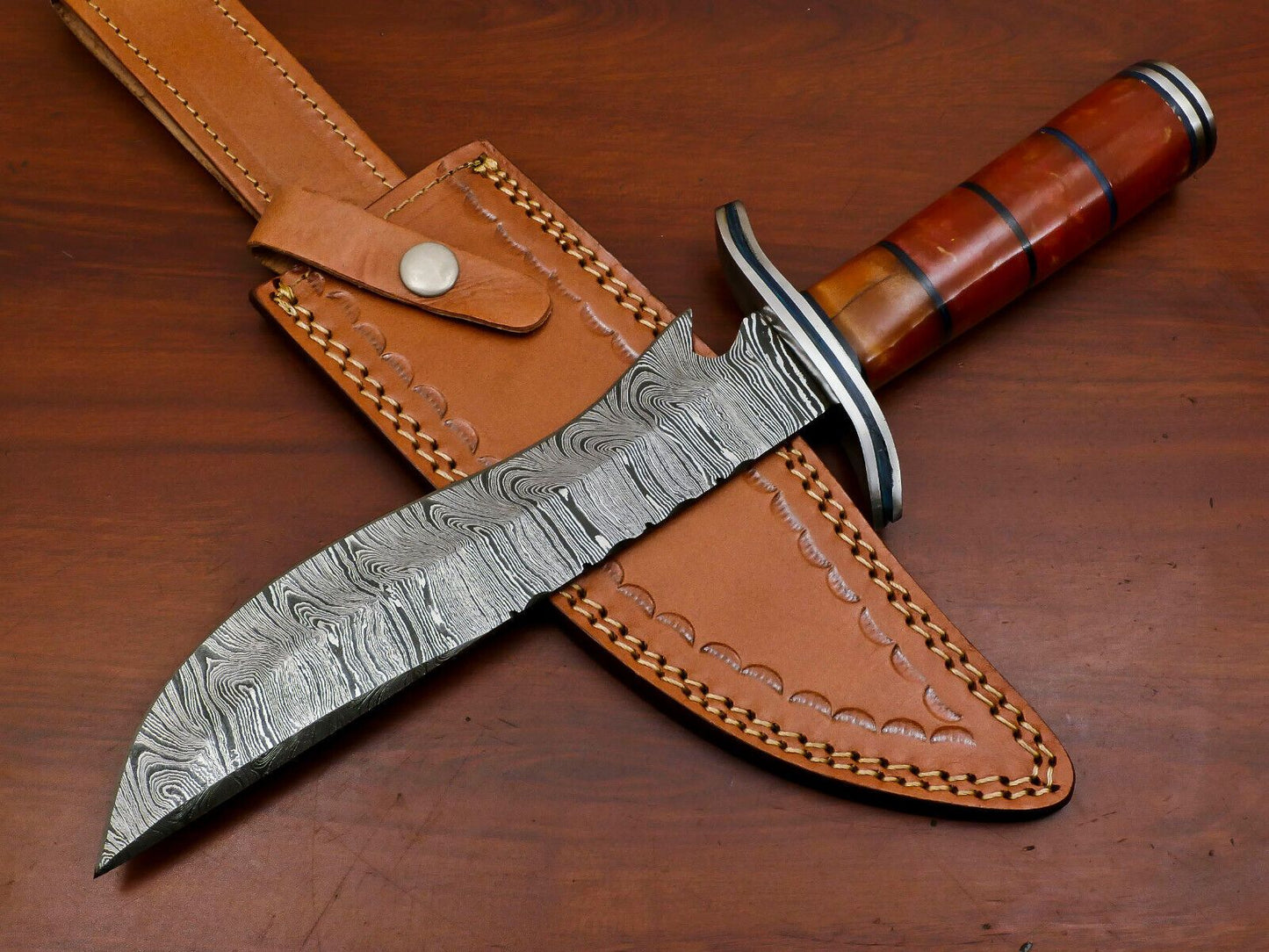 Heritage Forge Custom Handmade Damascus Clip Point Bowie Knife with Wood Handle