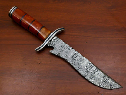 Heritage Forge Custom Handmade Damascus Clip Point Bowie Knife with Wood Handle