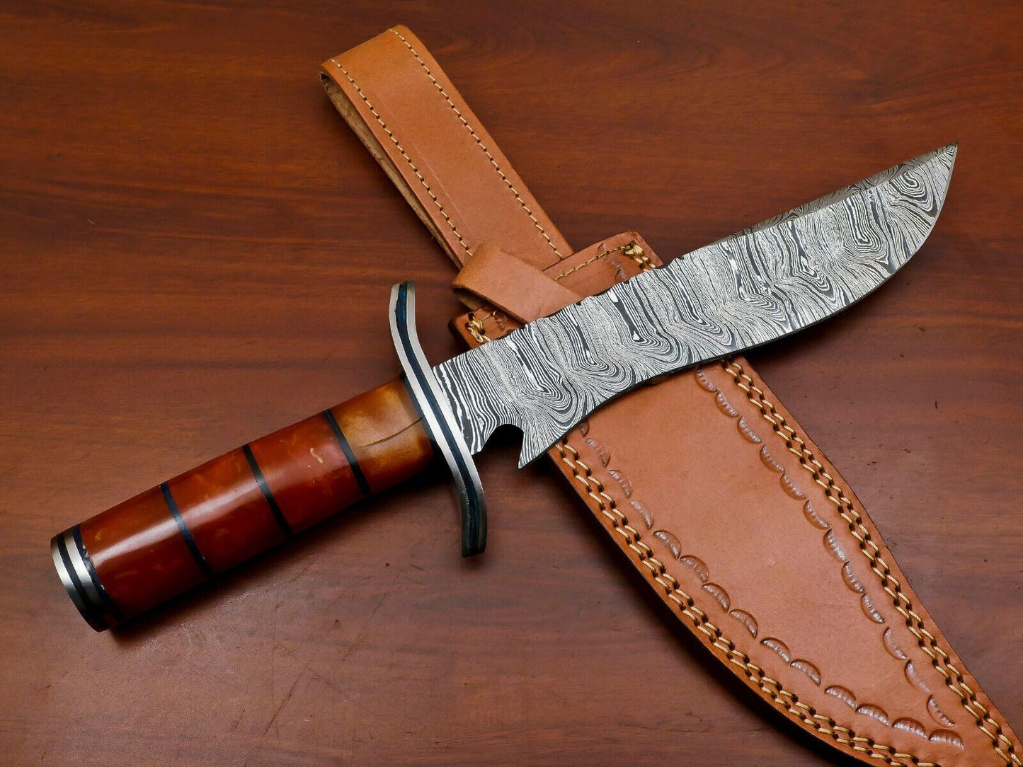 Heritage Forge Custom Handmade Damascus Clip Point Bowie Knife with Wood Handle