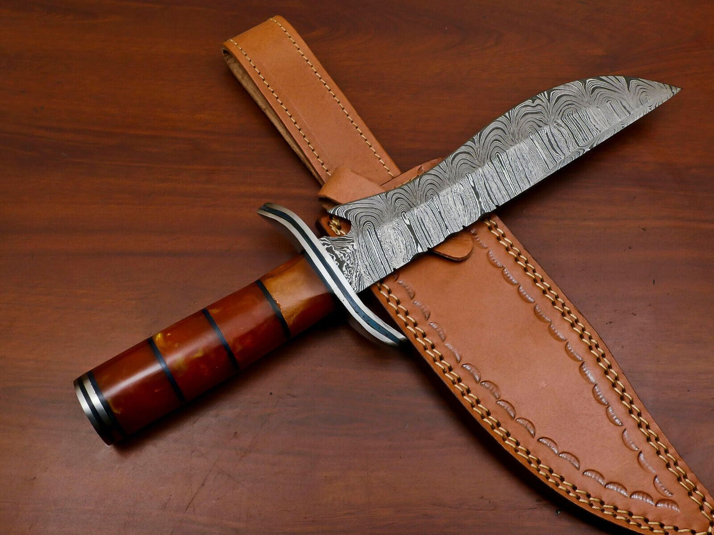 Heritage Forge Custom Handmade Damascus Clip Point Bowie Knife with Wood Handle