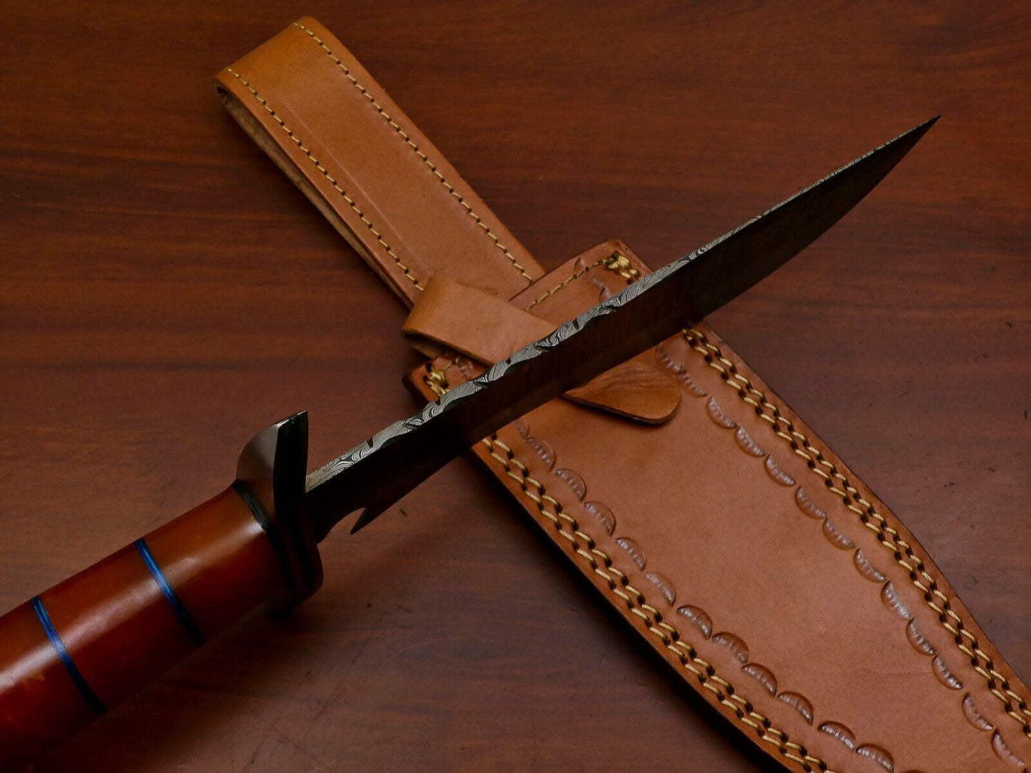 Heritage Forge Custom Handmade Damascus Clip Point Bowie Knife with Wood Handle