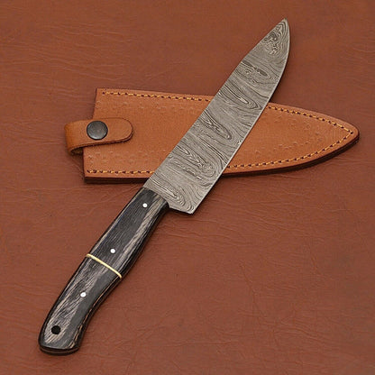 Handmade Damascus Steel Chef Kitchen Knife | Wood Handle with Leather Sheath