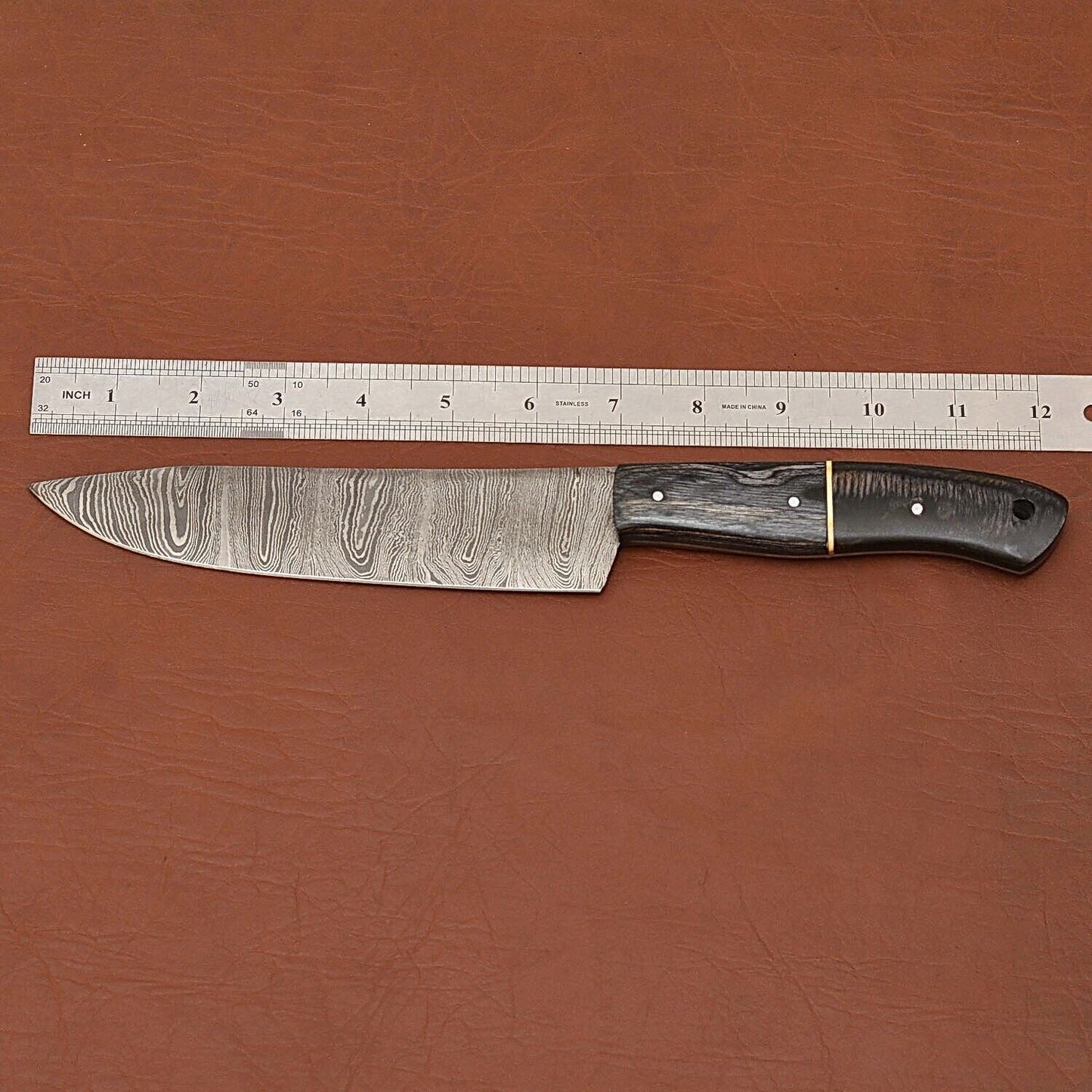 Handmade Damascus Steel Chef Kitchen Knife | Wood Handle with Leather Sheath