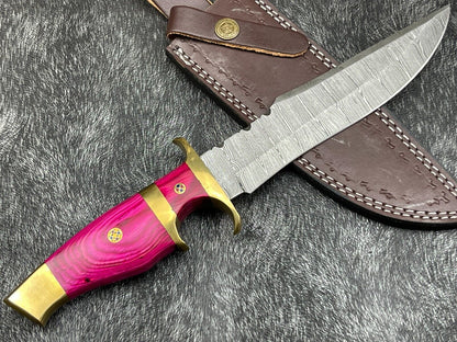 12" Handmade Damascus Steel Bowie Knife with Hardwood Handle & Leather Sheath