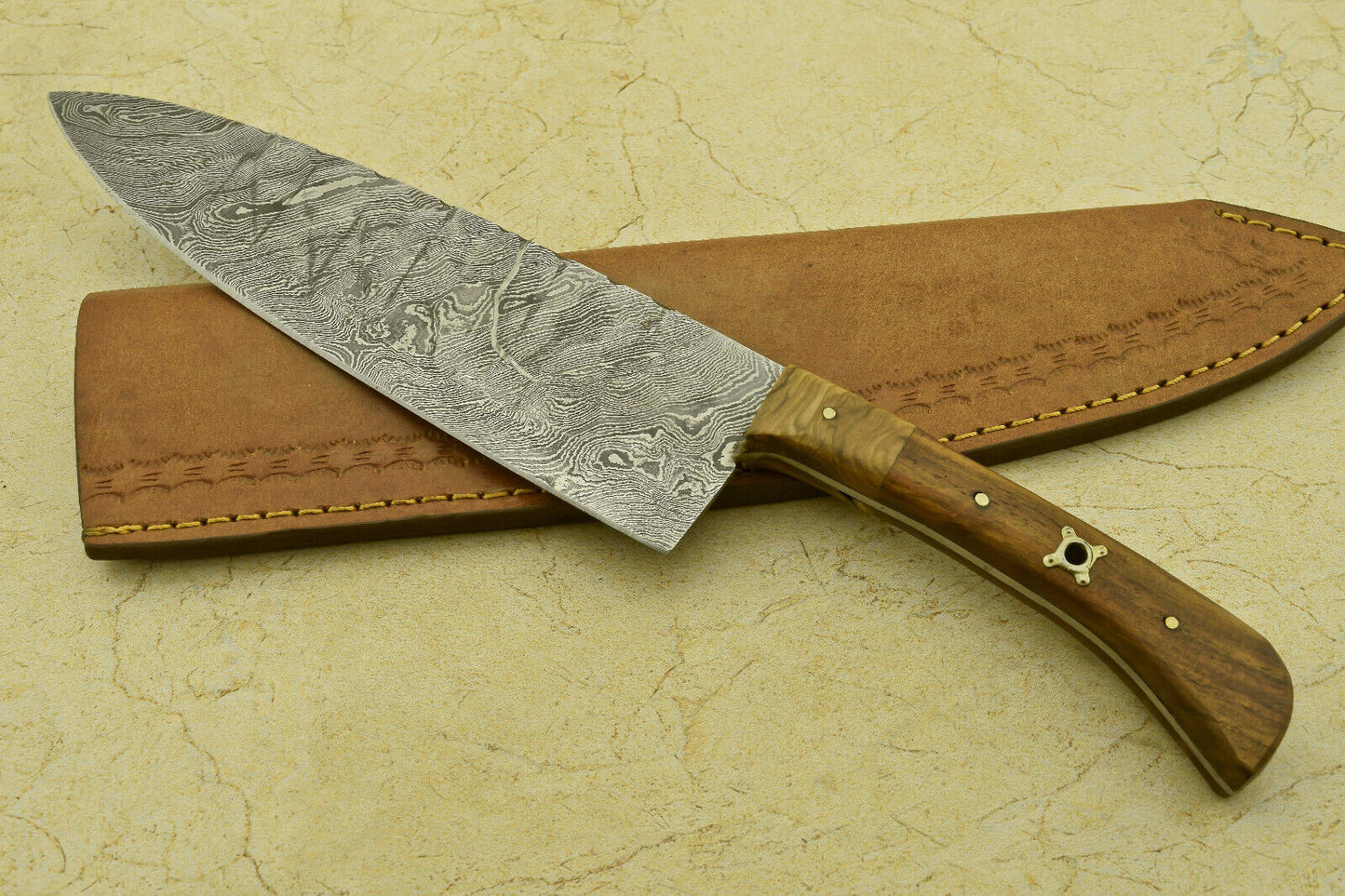 Custom Handmade Forged Damascus Steel Chef Kitchen Knife with Olive & Rose Wood Handle – 13" Professional Knife