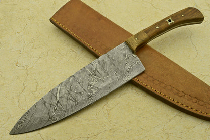 Custom Handmade Forged Damascus Steel Chef Kitchen Knife with Olive & Rose Wood Handle – 13" Professional Knife