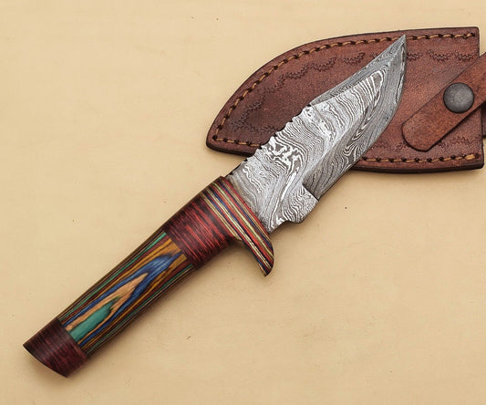 Custom Handmade Damascus Skinner Knife with Pakka Wood Handle – 8 Inch Hunting and Camping Knife
