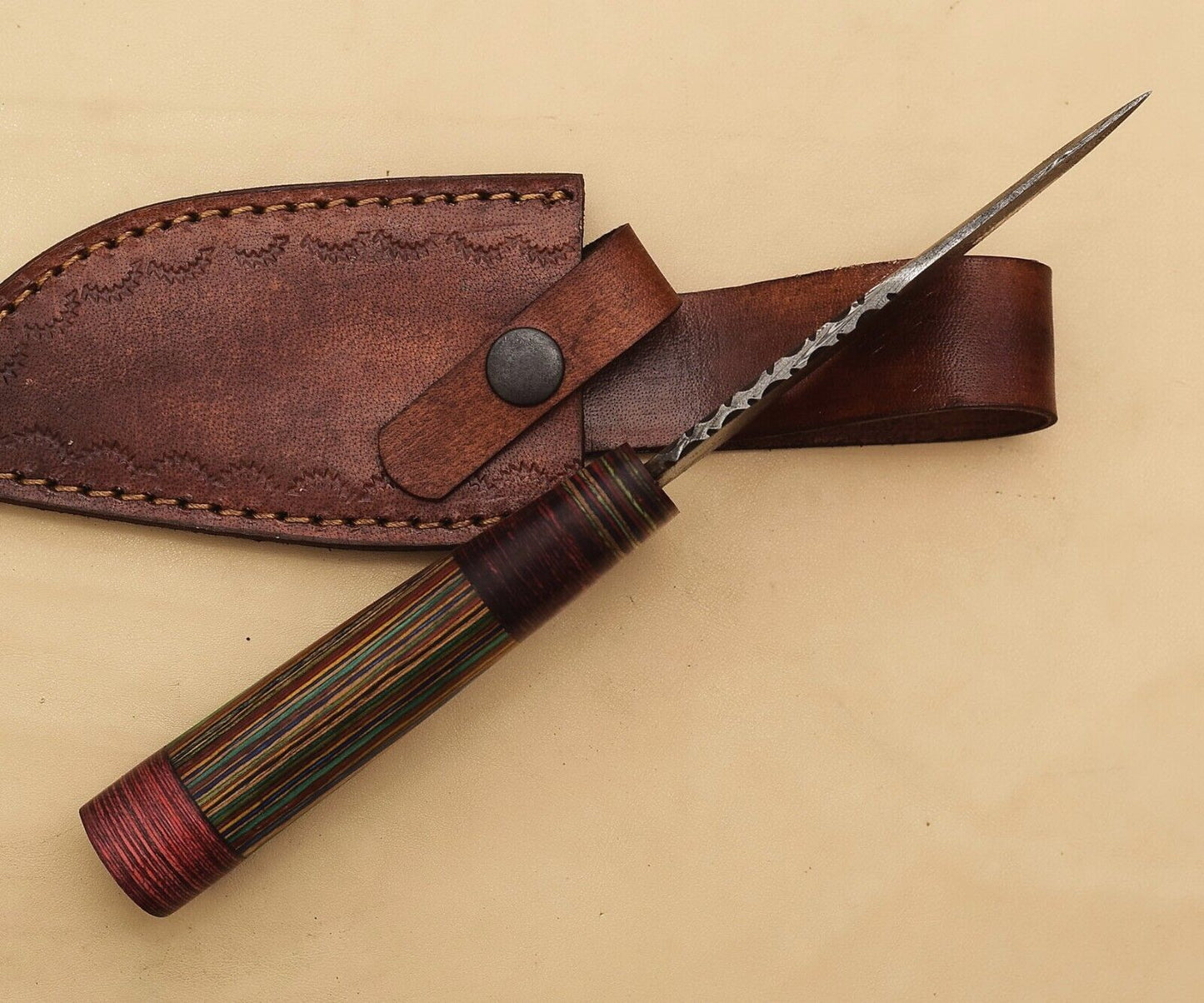 Custom Handmade Damascus Skinner Knife with Pakka Wood Handle – 8 Inch Hunting and Camping Knife