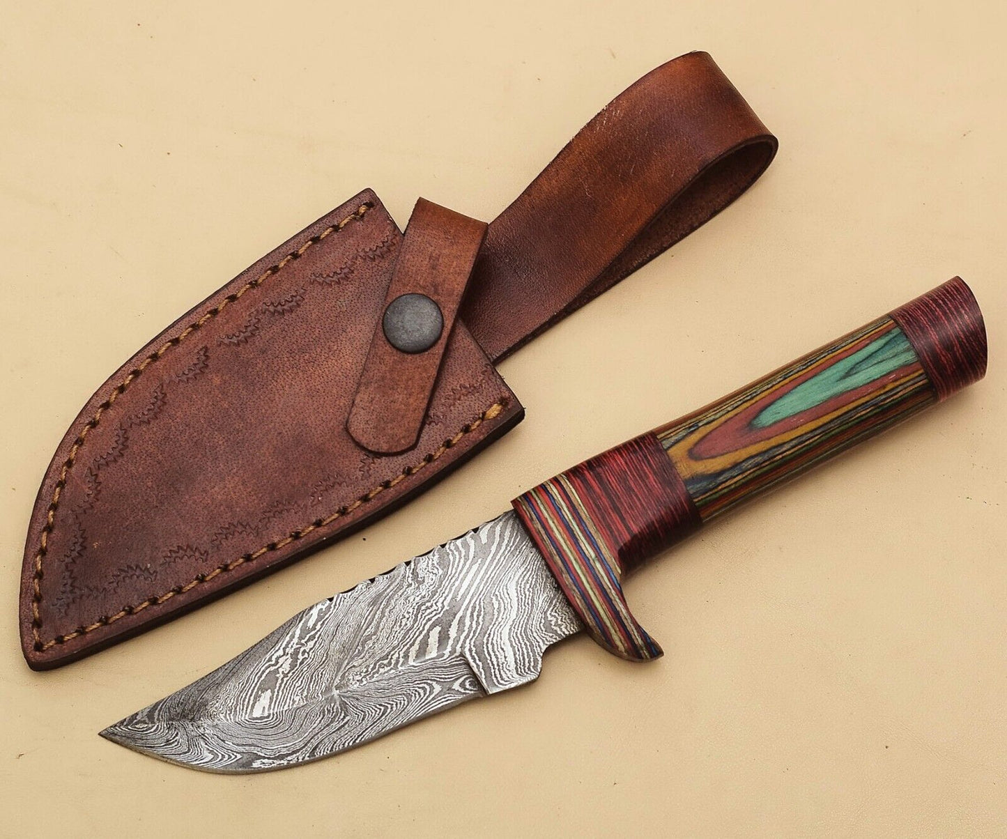 Custom Handmade Damascus Skinner Knife with Pakka Wood Handle – 8 Inch Hunting and Camping Knife