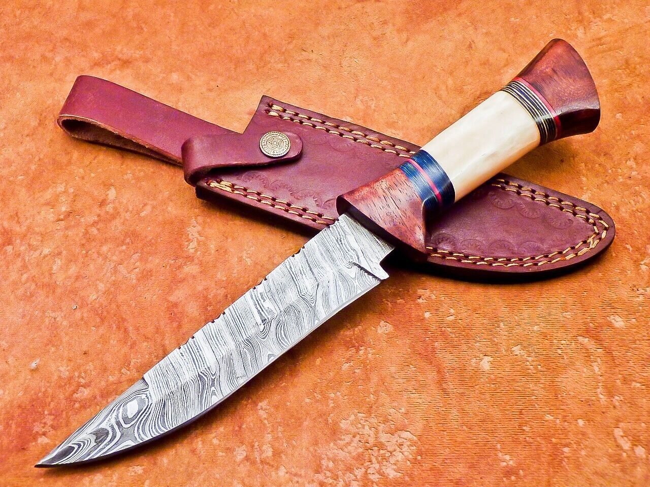 12" Handmade Damascus Bowie Knife with Camel Bone & Wood Handle
