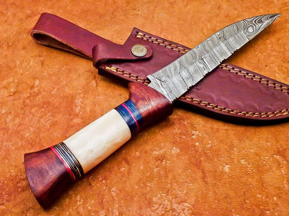 12" Handmade Damascus Bowie Knife with Camel Bone & Wood Handle