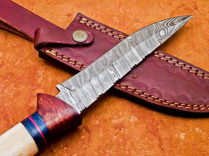 12" Handmade Damascus Bowie Knife with Camel Bone & Wood Handle