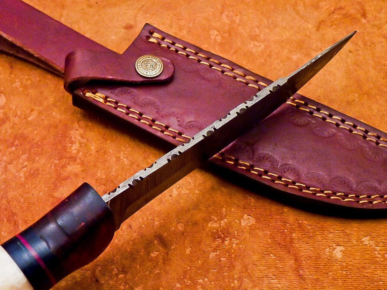 12" Handmade Damascus Bowie Knife with Camel Bone & Wood Handle