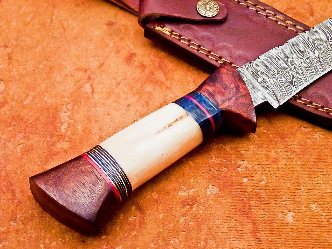 12" Handmade Damascus Bowie Knife with Camel Bone & Wood Handle