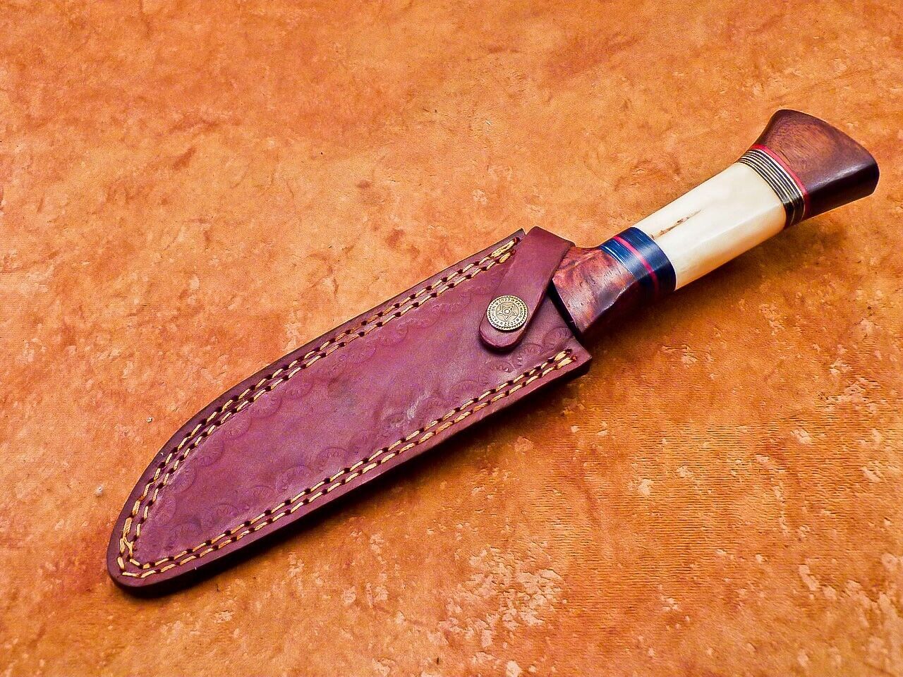 12" Handmade Damascus Bowie Knife with Camel Bone & Wood Handle