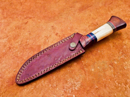 12" Handmade Damascus Bowie Knife with Camel Bone & Wood Handle