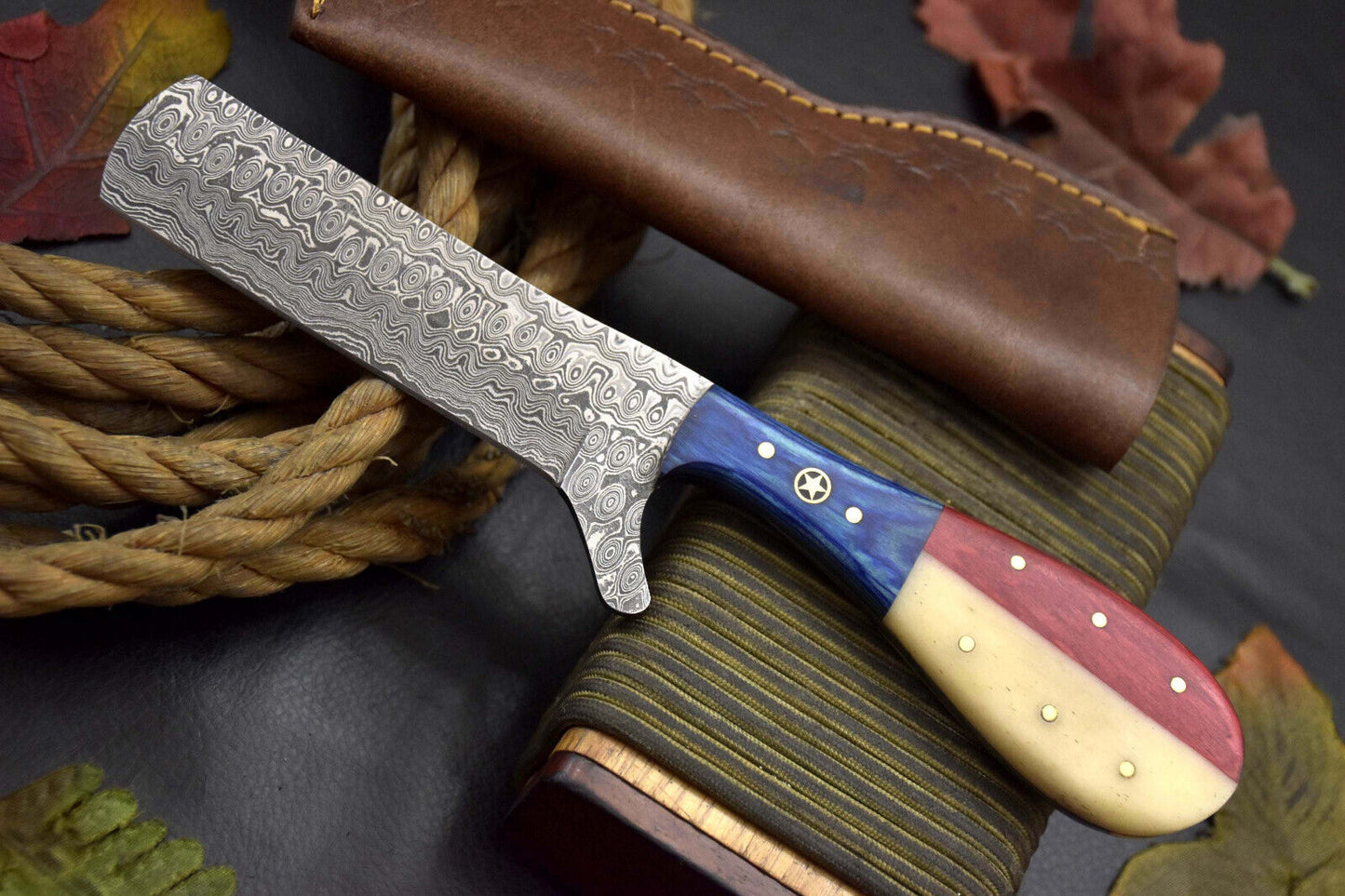 Handmade Damascus Steel Bull Cutter Knife 8.80" Custom Bull Cutter Knife with Leather Sheath